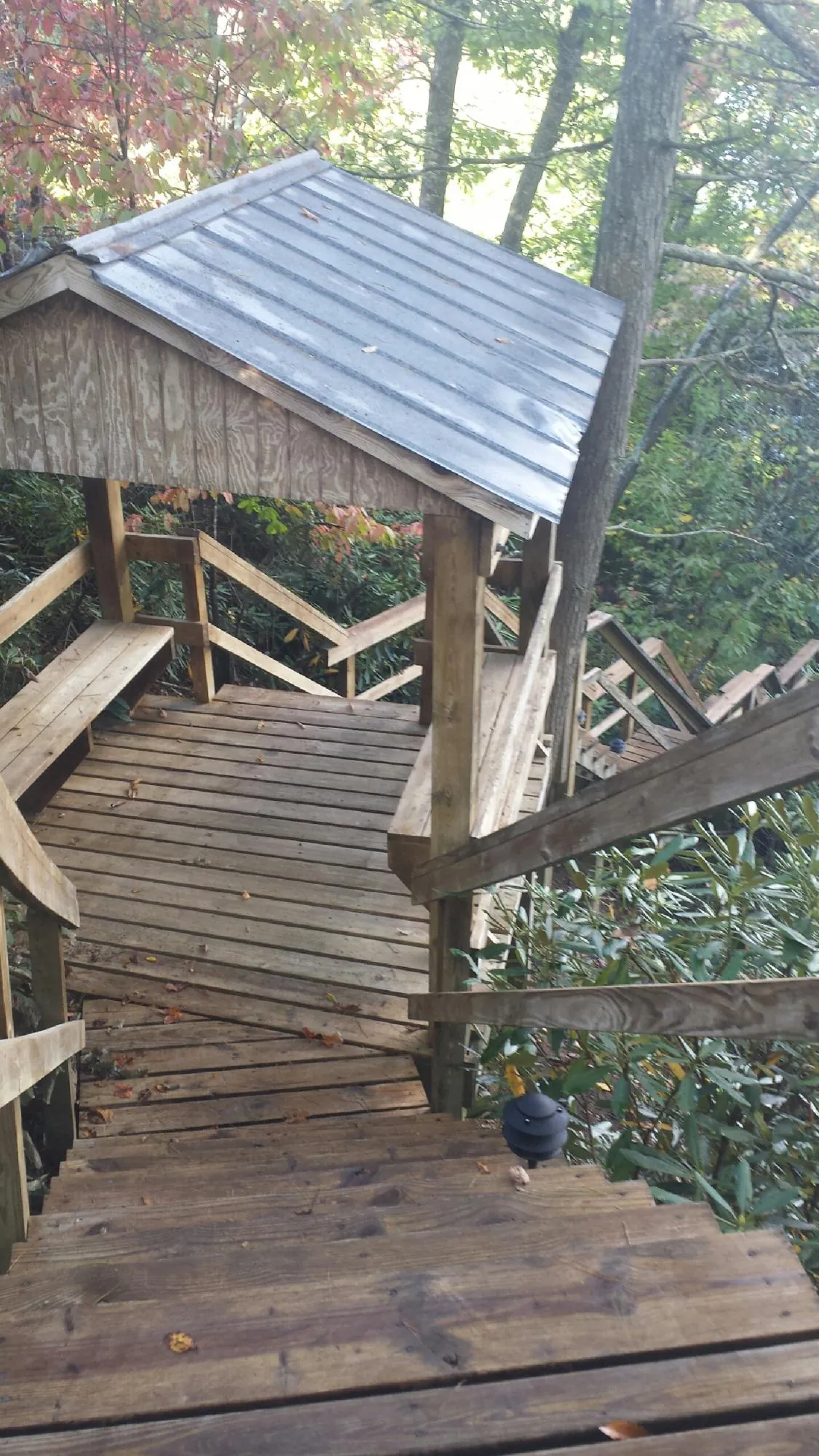 Metal roofed shelter over wooden steps on a wooded walkway — Skylight Repair & Installation work by our crew in Riga